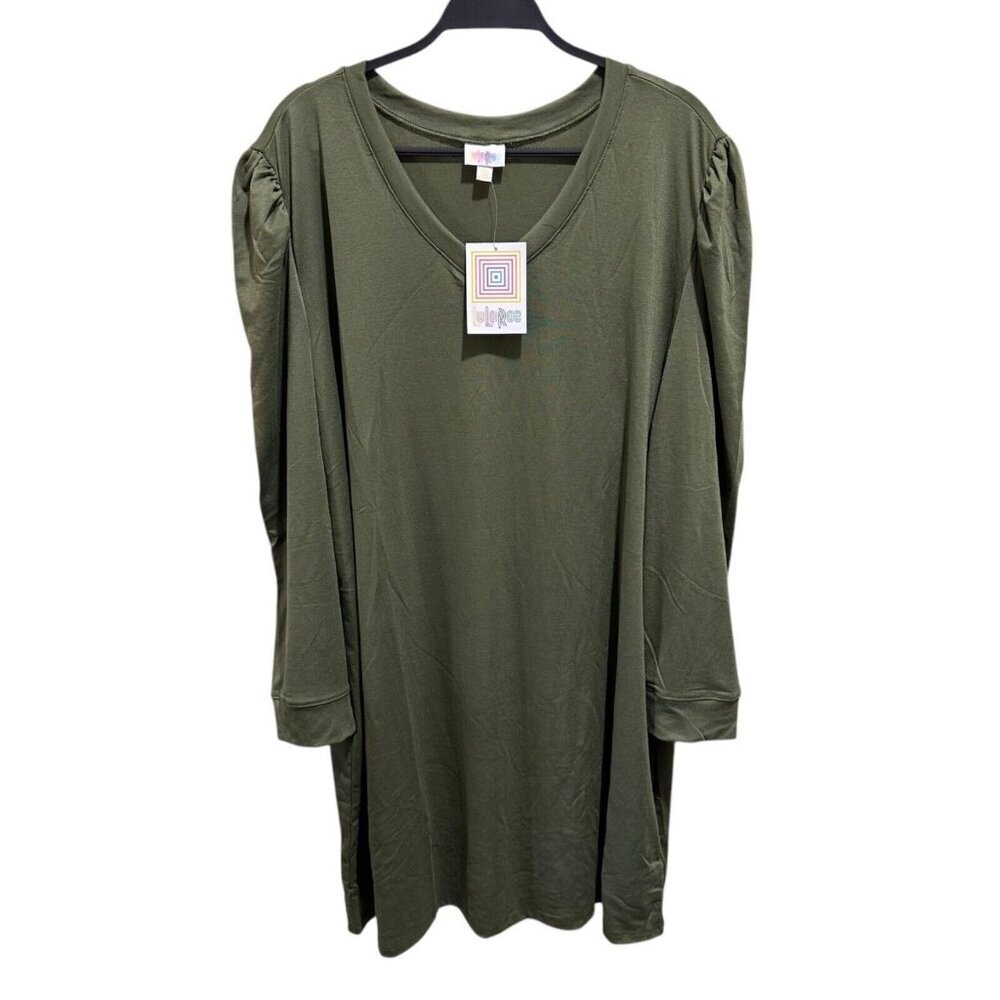 Lularoe AVA Women Size 3XL Olive Green V-neck Mutton Long Sleeve Dress ~ NWT‎